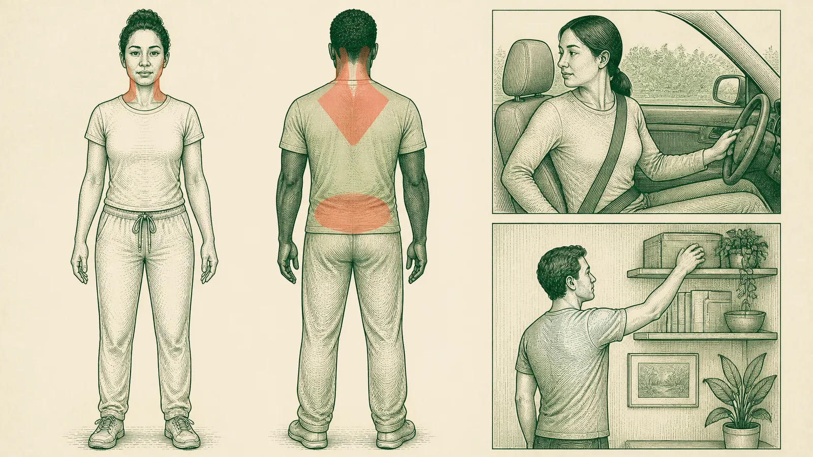 Illustration showing neck, shoulder, upper-back, and lower-back complaint areas with everyday movement changes after a car accident