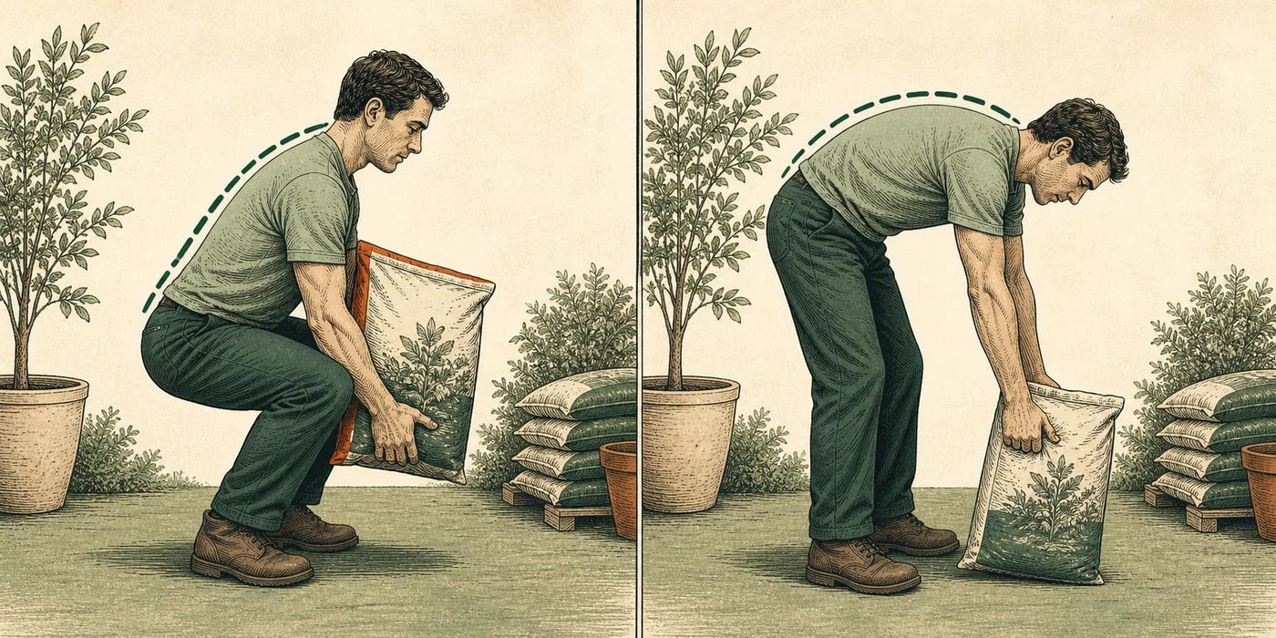 Illustration comparing two lifting positions and the load placed on the lower back