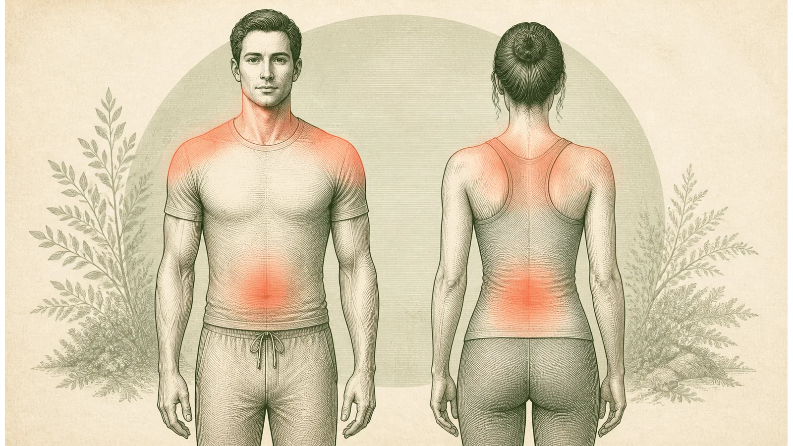Front and back illustration showing common areas of neck, shoulder, upper back, lower back, and head discomfort after a car accident