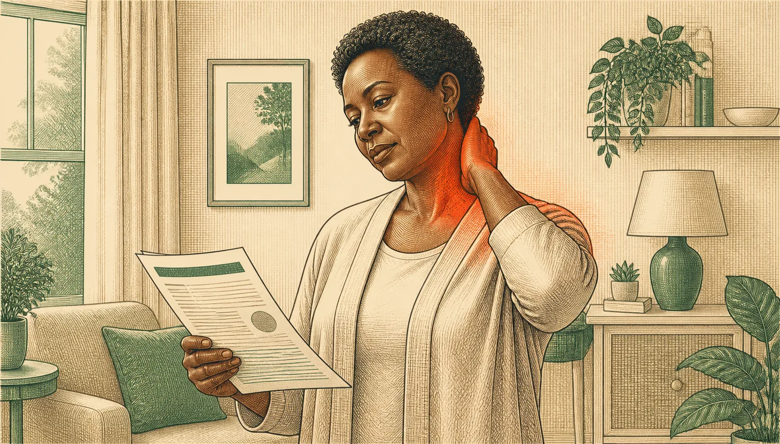 Illustration of an adult reviewing emergency department discharge papers while noticing neck soreness after a car accident