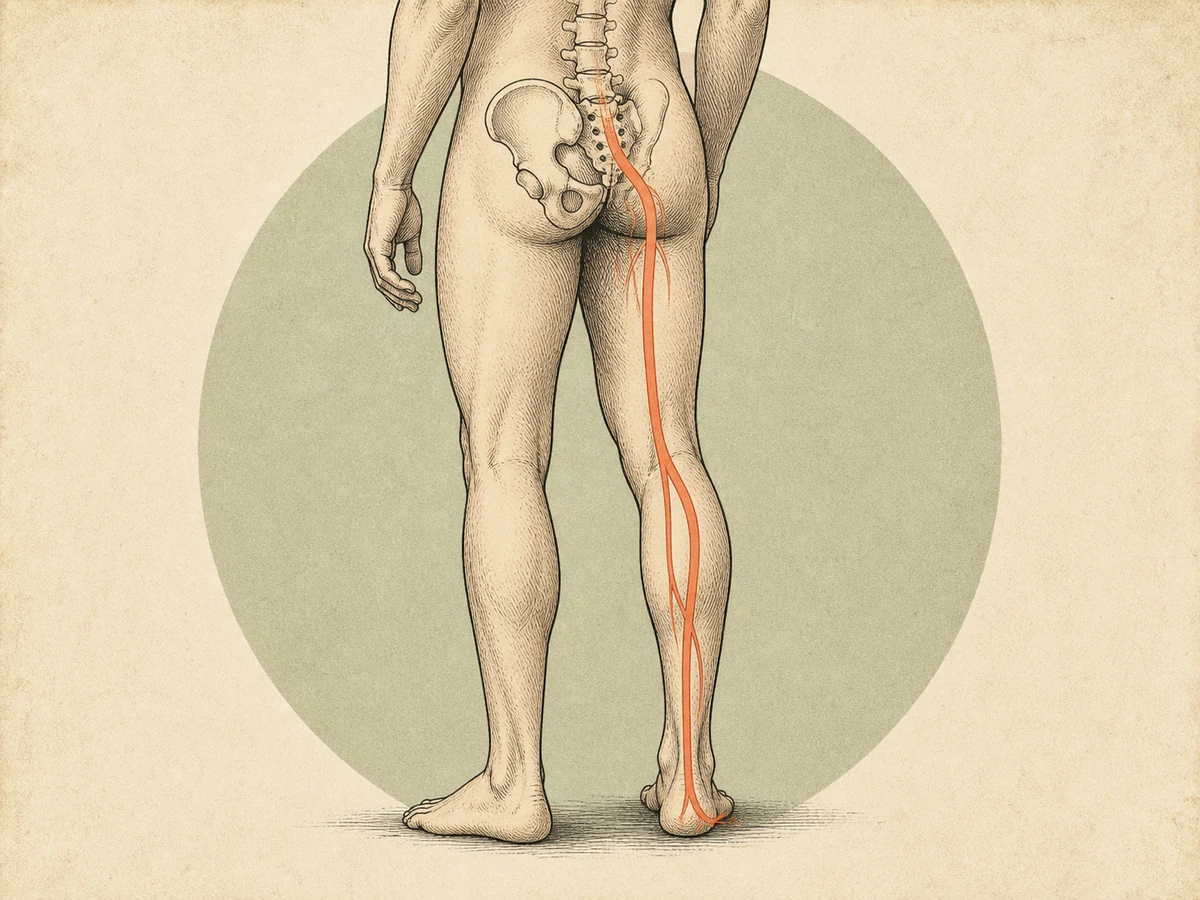 Illustration showing a lower-back-to-buttock-and-leg symptom pathway on a human figure