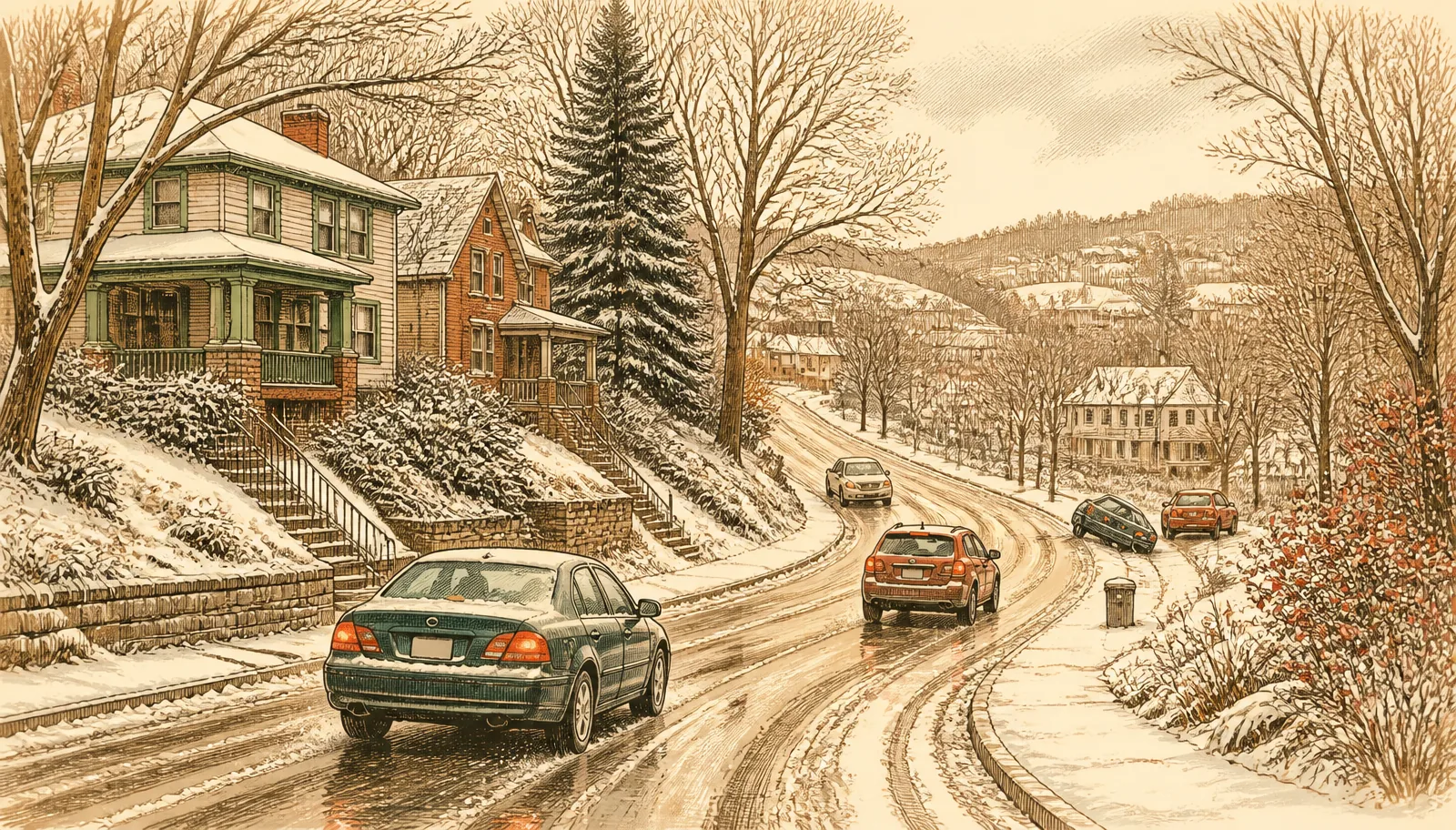 Illustration of winter driving on a hilly west Cincinnati roadway with snow and slush