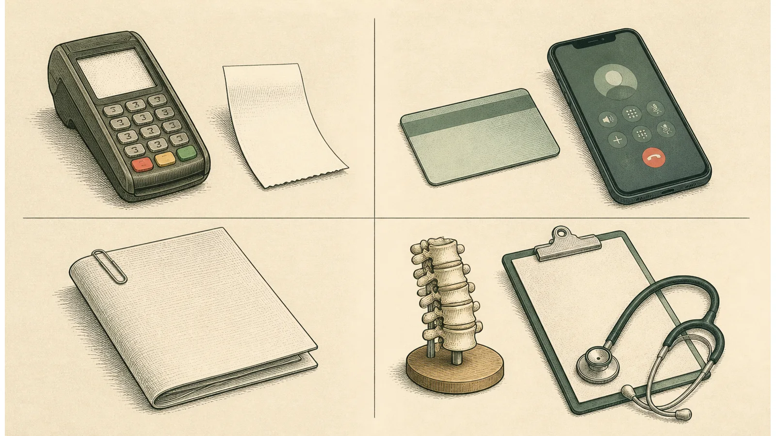 Illustration separating clinic cost, insurance coverage, crash report, and medical questions after an Ohio car accident
