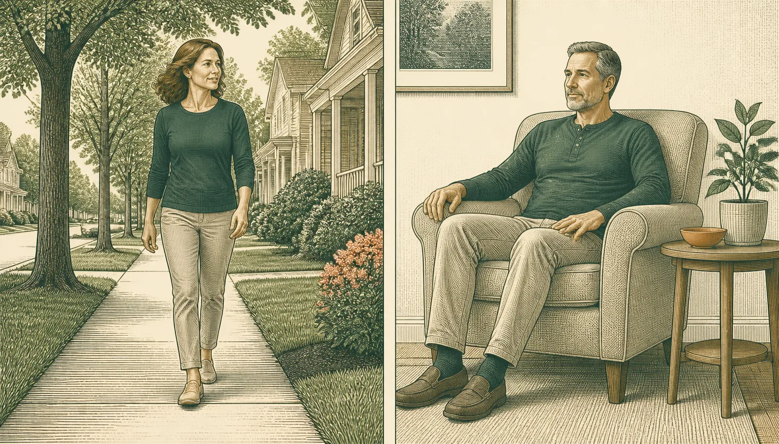 Illustration comparing comfortable everyday movement and rest after a car accident without prescribing a specific exercise