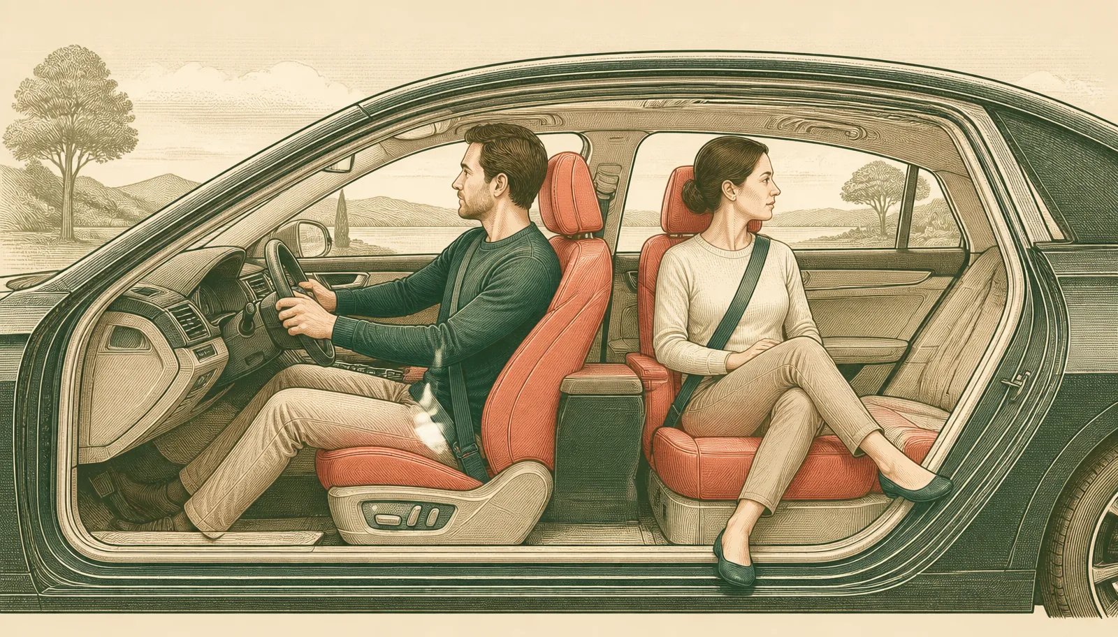 Illustration showing a driver and passenger in different seated positions during the same car accident