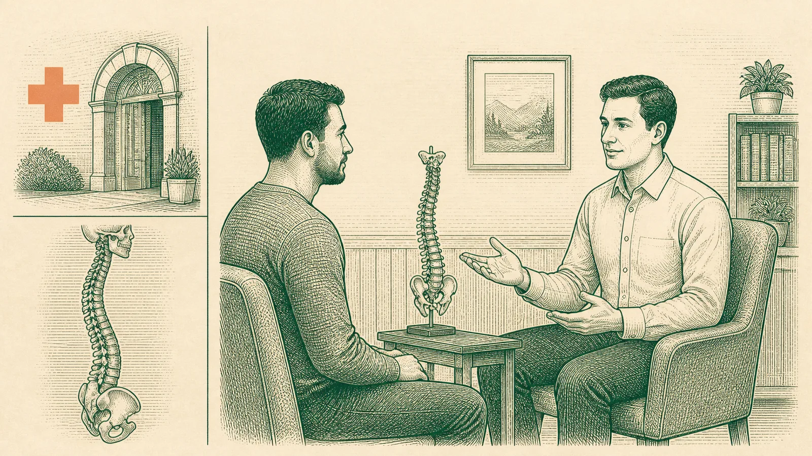 Illustration of a patient and clinician discussing musculoskeletal evaluation and the limits of chiropractic care after a car accident