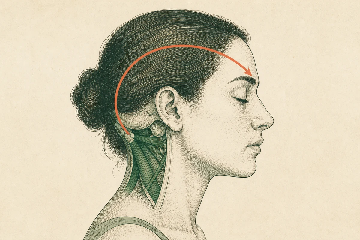 Illustration of muscles at the base of the skull and upper neck involved in some musculoskeletal headache patterns