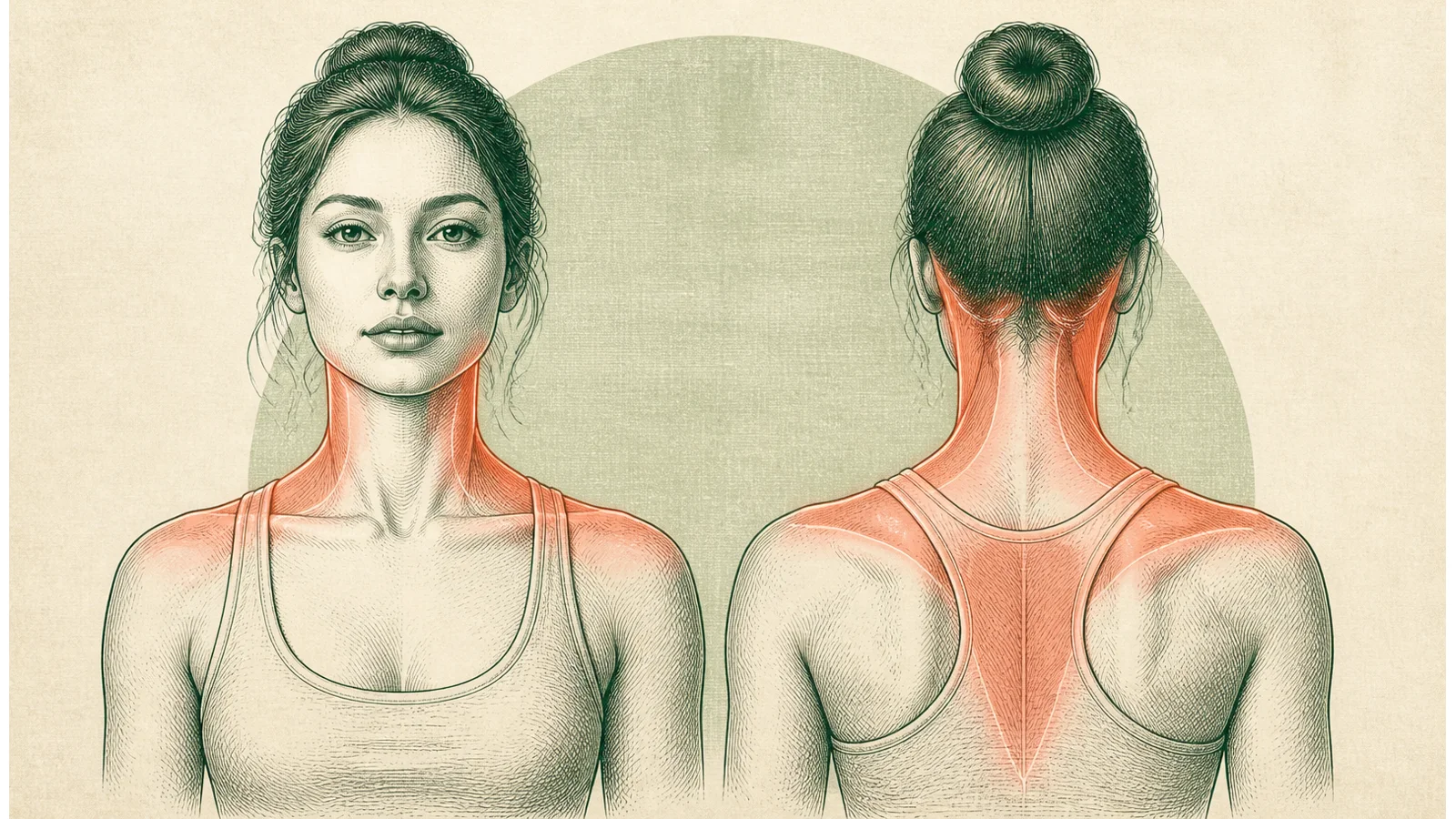 Illustration showing common neck, base-of-skull, shoulder, and upper-back pain areas after a car accident