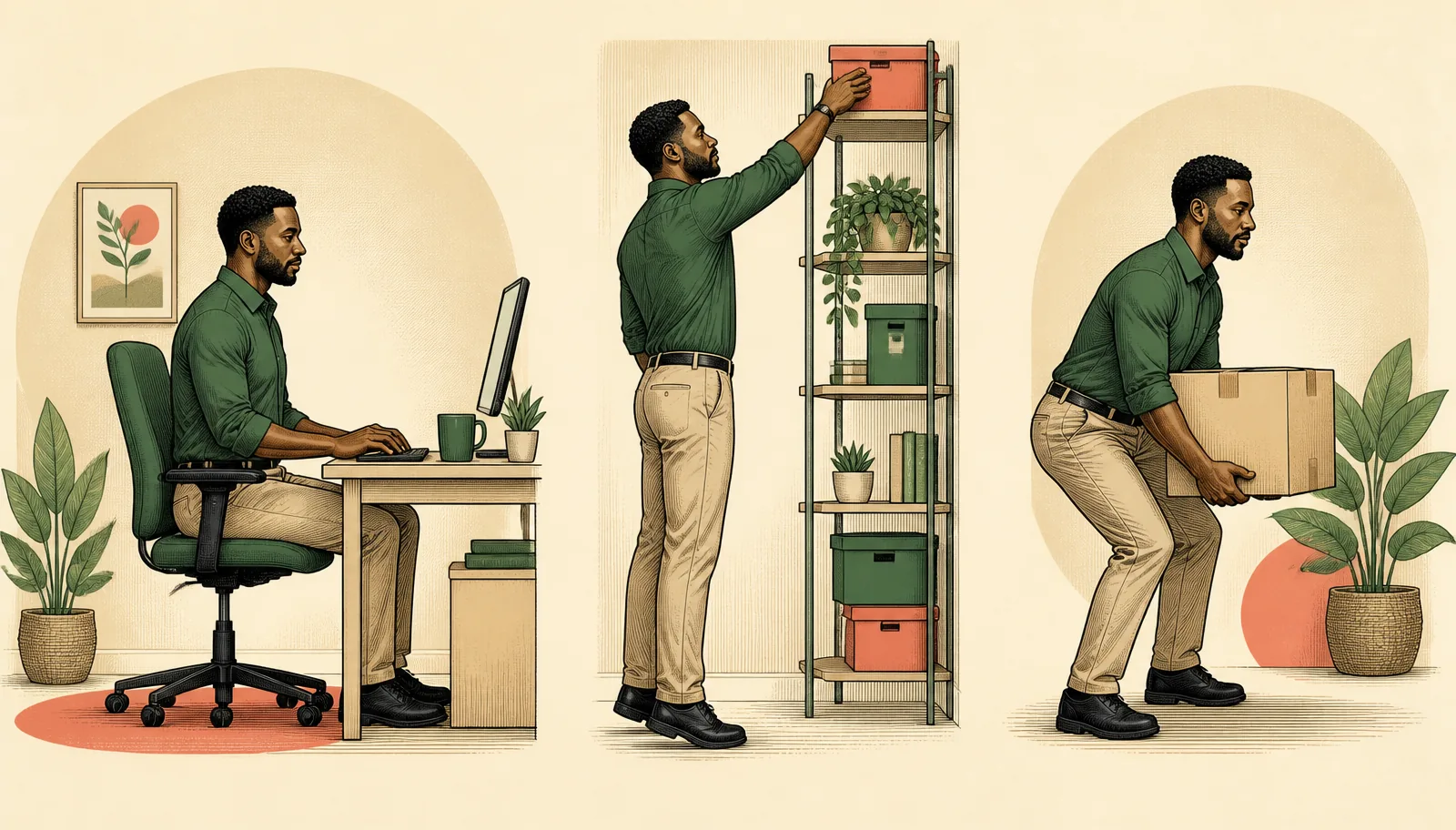 Illustration showing sitting, standing, reaching, and lifting job demands when returning to work after a car accident