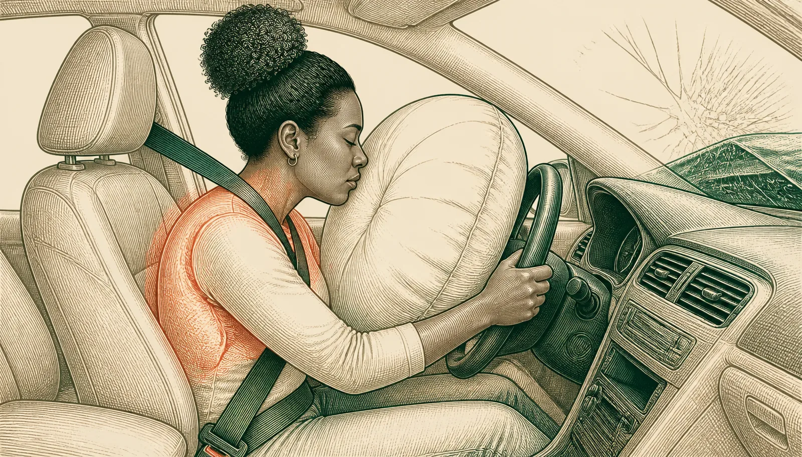 Illustration of seat belt restraint and airbag deployment with common shoulder, chest, and upper-back soreness areas after a crash