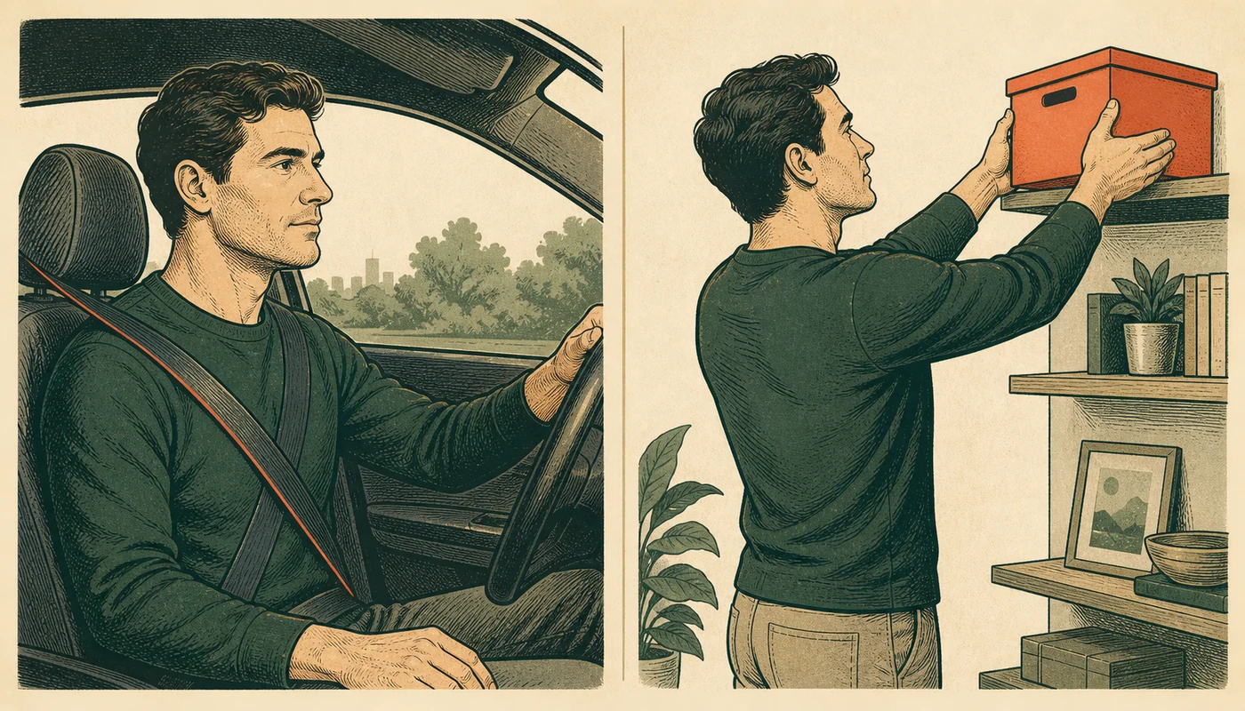 Illustration of shoulder and upper back areas affected by seat belt loading and everyday arm movement after a car accident