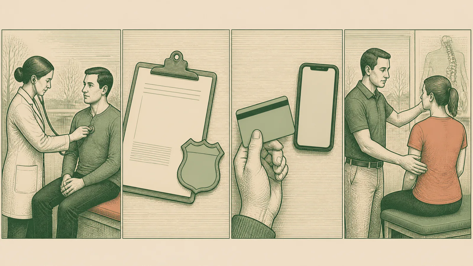 Illustration separating medical care, official crash records, insurance questions, and musculoskeletal follow-up after a Cincinnati car accident