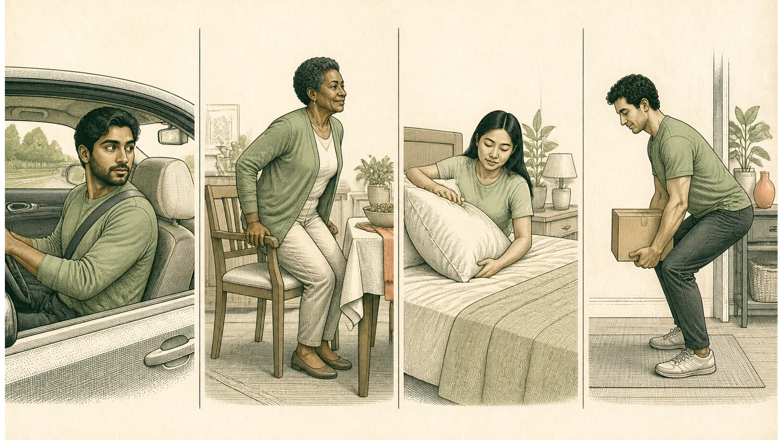 Illustration of an adult checking a blind spot with neck stiffness and another adult standing from a chair with lower back stiffness
