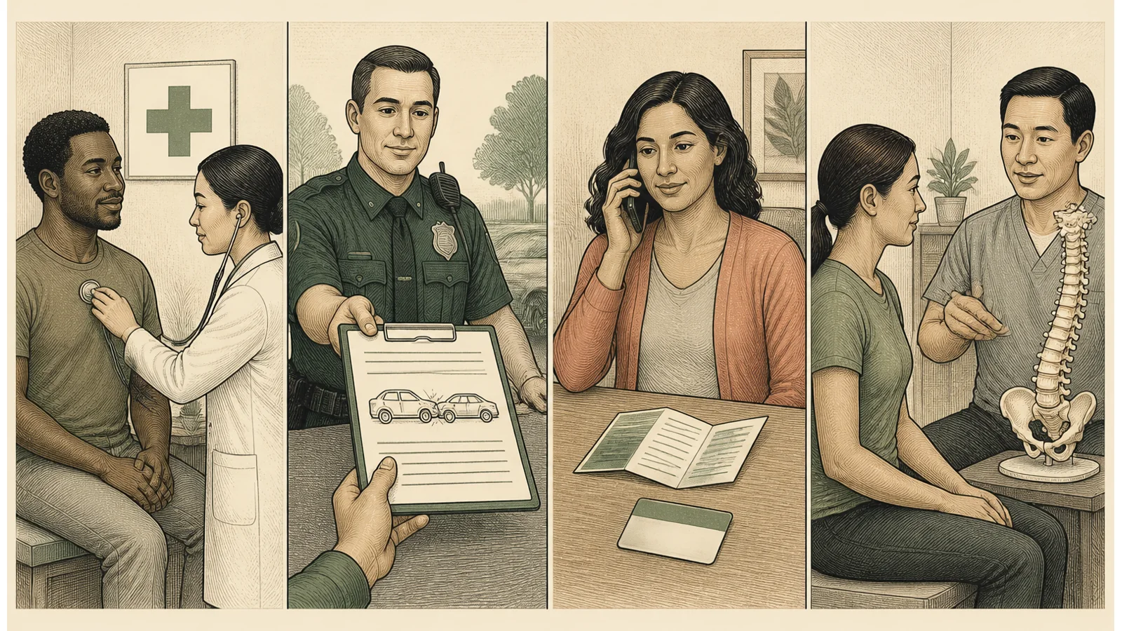 Illustration showing separate medical, crash report, insurance, and musculoskeletal next steps after a car accident