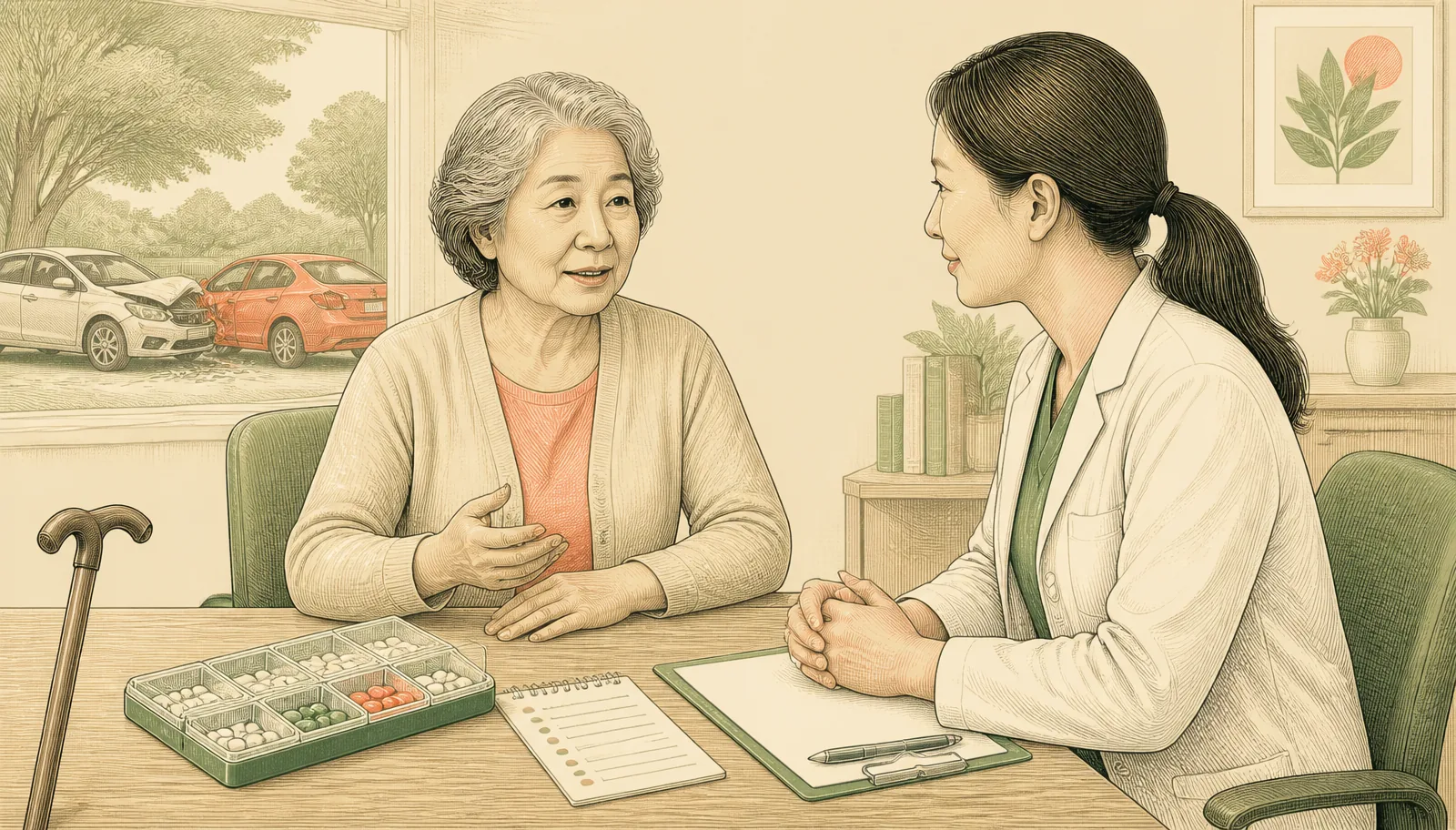 Illustration of an older adult after a car accident discussing medications, mobility, and follow-up with a clinician