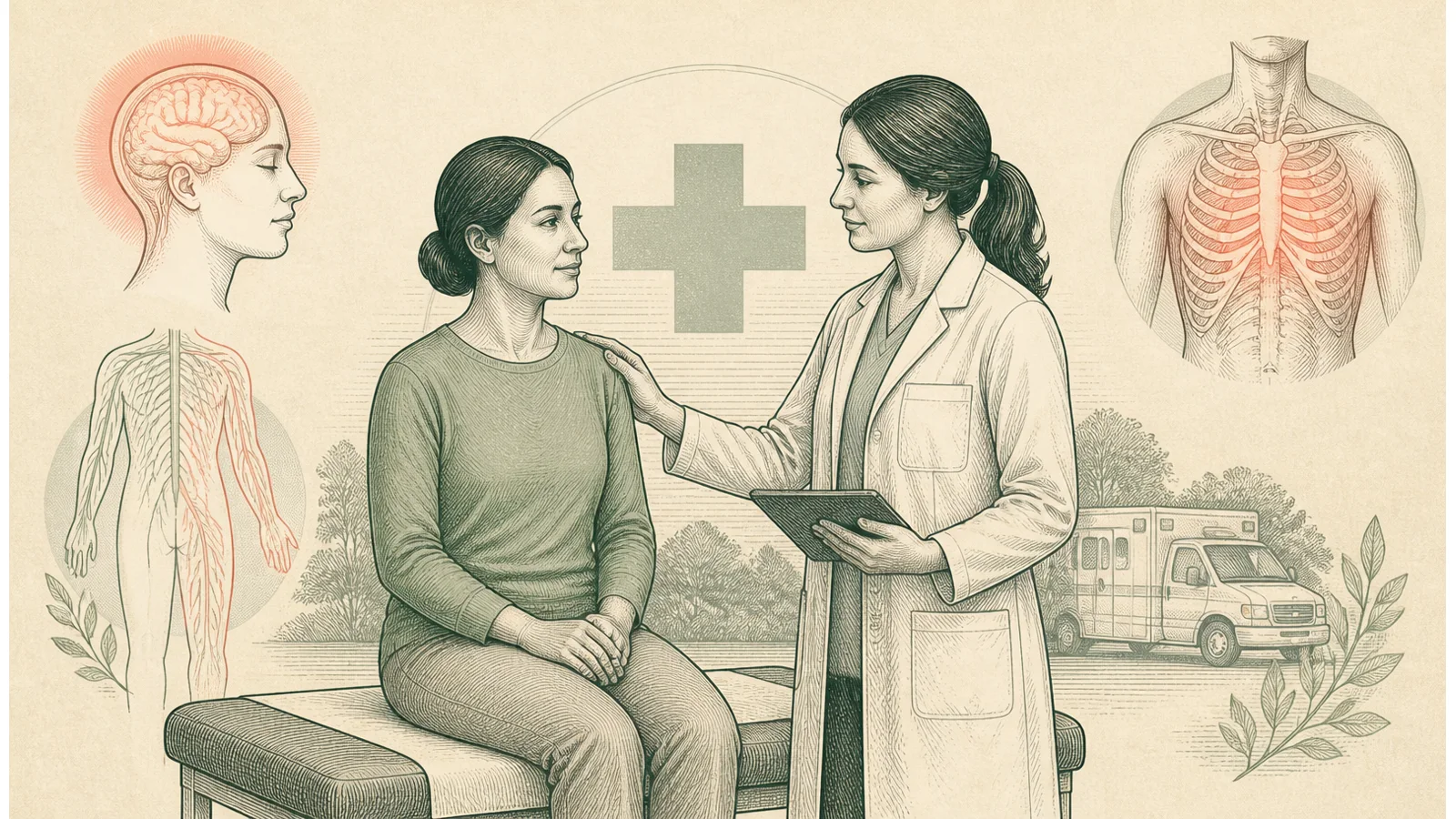 Illustration of a person after a car accident being directed toward emergency medical care for concerning symptoms