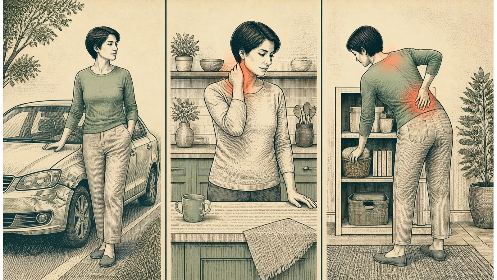 Illustration showing neck, shoulder, or back symptoms becoming more noticeable after the initial car accident scene