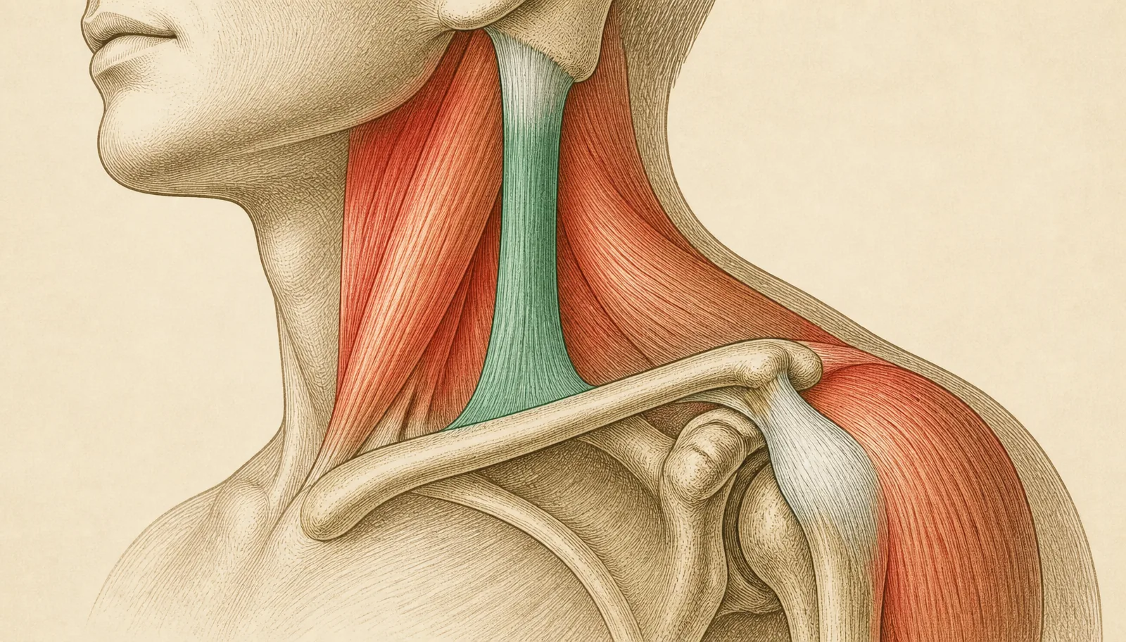 Simplified illustration of muscle, ligament, and tendon soft tissues around the neck and shoulder region