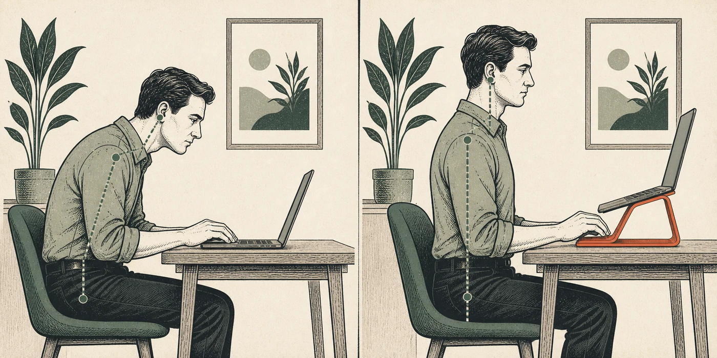 Illustration comparing forward-head posture with a more neutral desk position