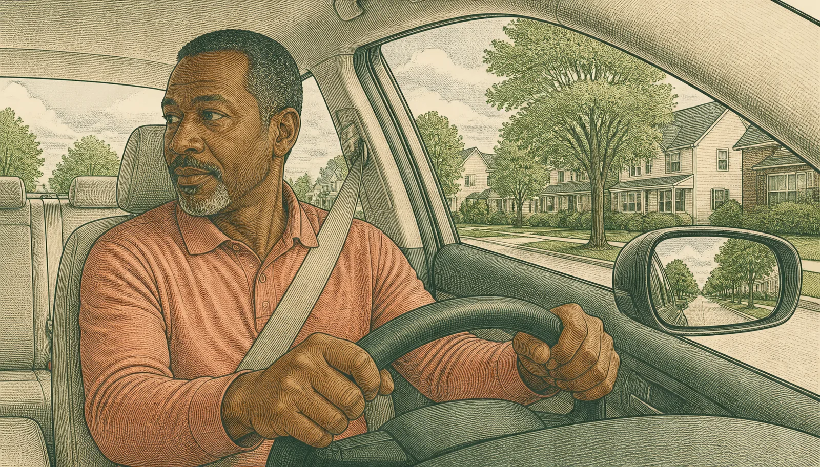 Illustration of a driver checking mirrors and a blind spot when considering driving again after a car accident