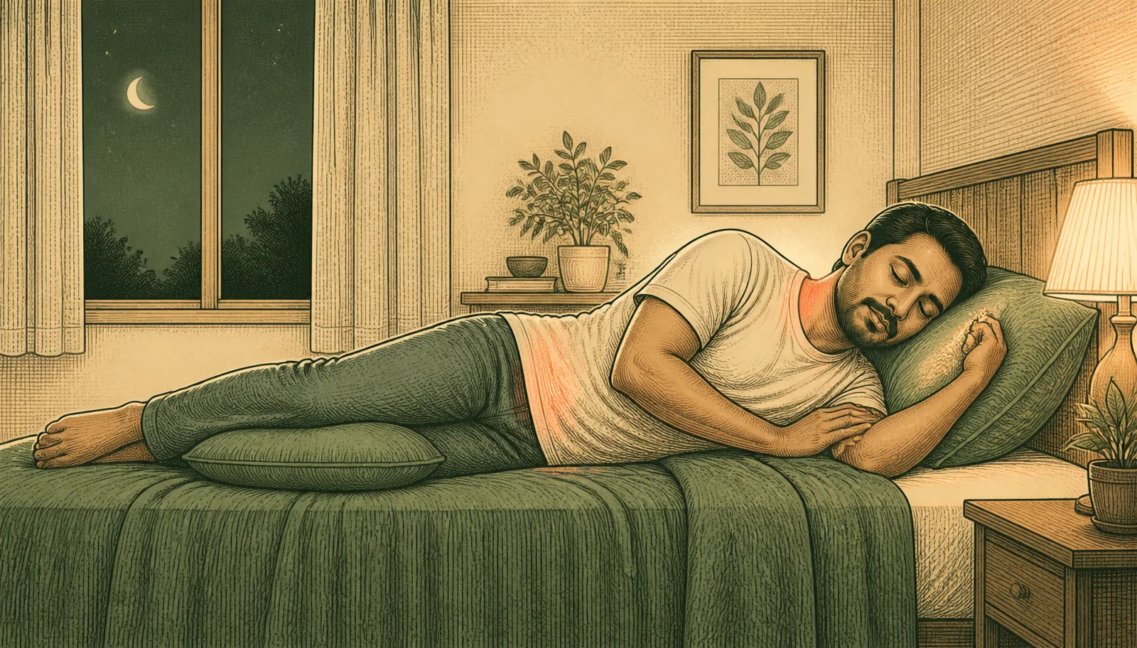 Illustration of an adult trying comfortable sleep positions after a car accident with neck and back soreness