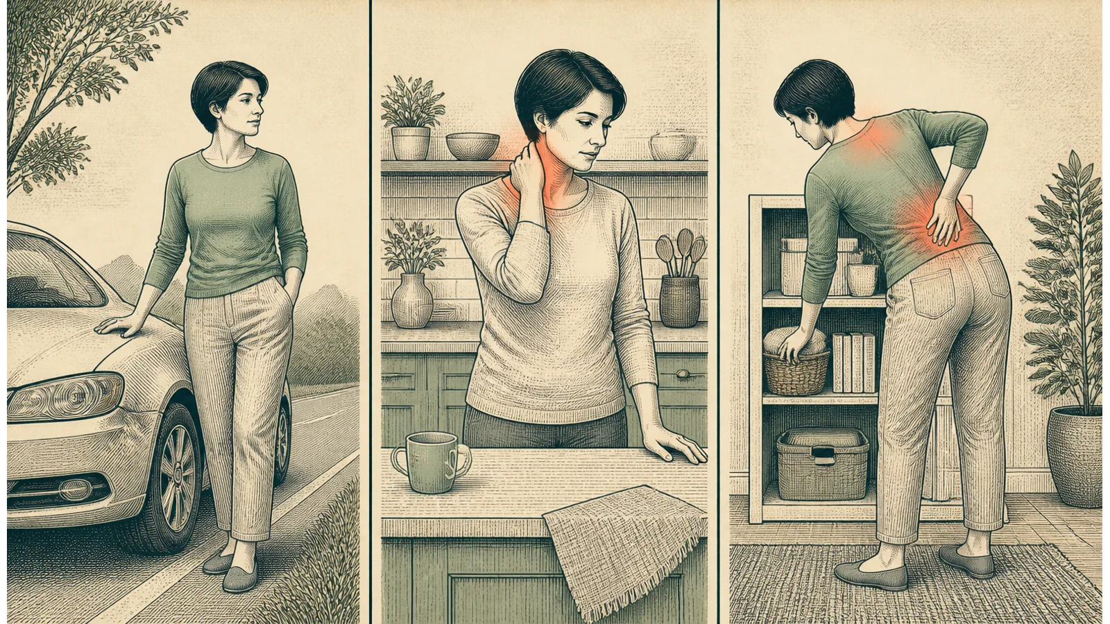 Illustration showing neck, shoulder, or back symptoms becoming more noticeable after the initial car accident scene