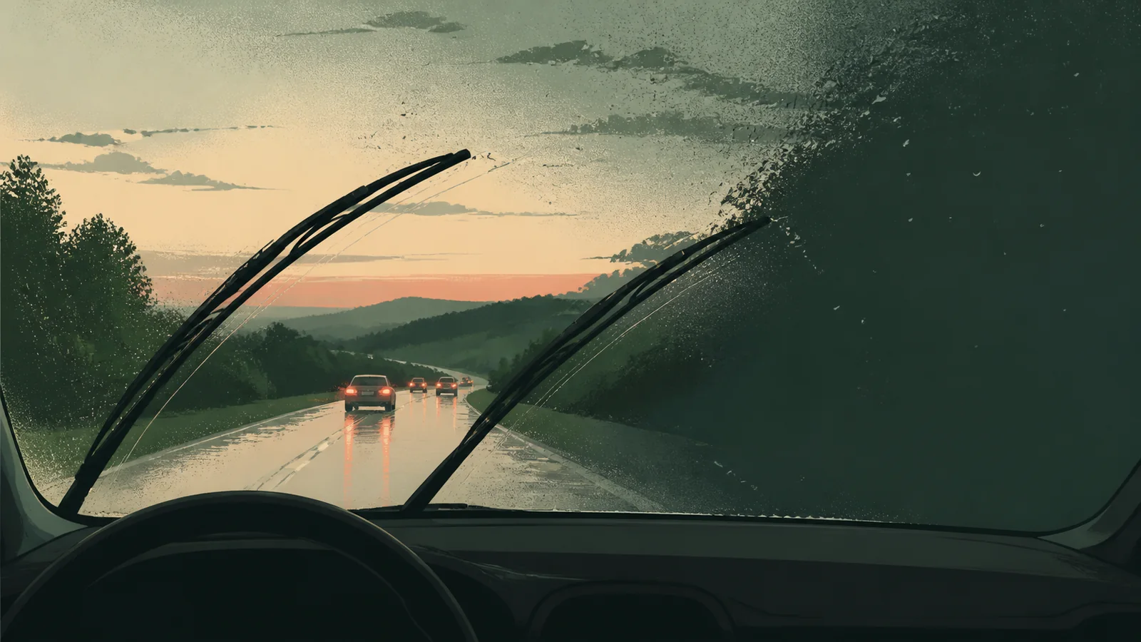 Rainy roadway viewed through a car windshield on a Cincinnati-area drive