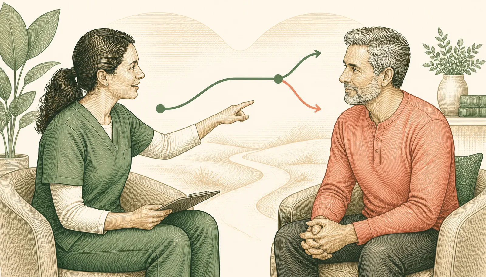Illustration of a patient and clinician reviewing functional progress and whether a chiropractic care plan should continue or change