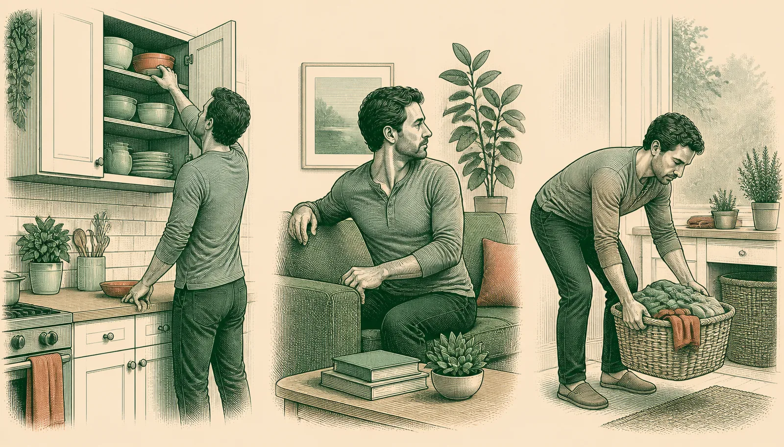 Illustration of three everyday movements that can reveal limits after a crash: reaching overhead into a cupboard, turning the head while seated, and bending to lift a laundry basket