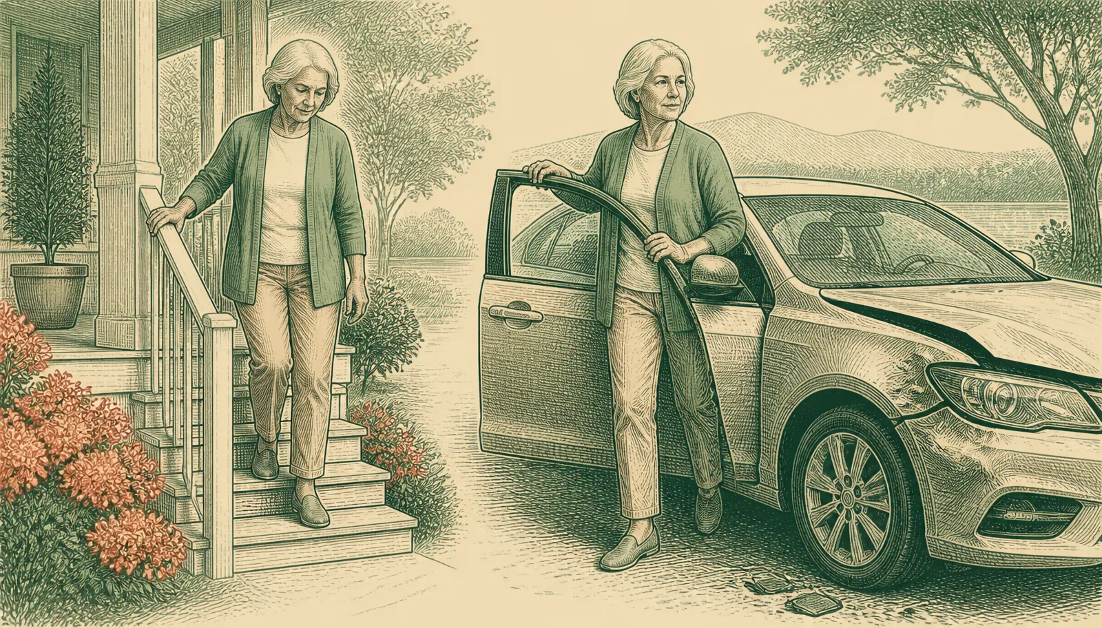 Illustration of an older adult using a porch handrail while stepping down steps and steadying a hand on a car door frame while getting out of a sedan