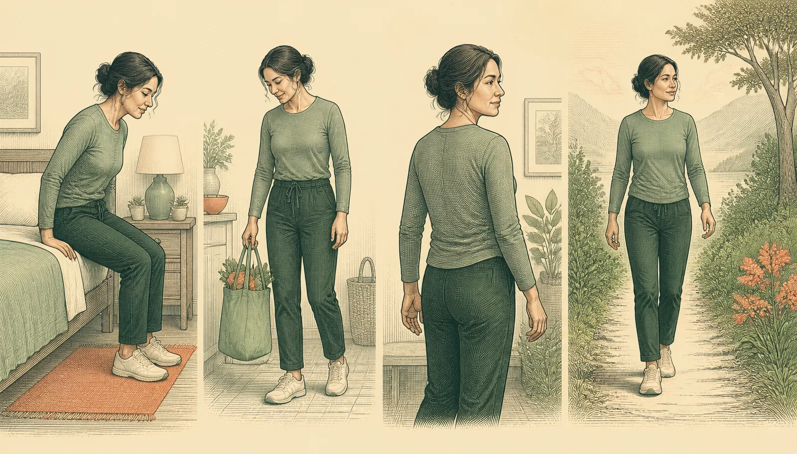 Illustration of four everyday recovery checkpoints: rising from the edge of a bed, lifting a small grocery bag, turning the head to look over the shoulder, and walking outdoors