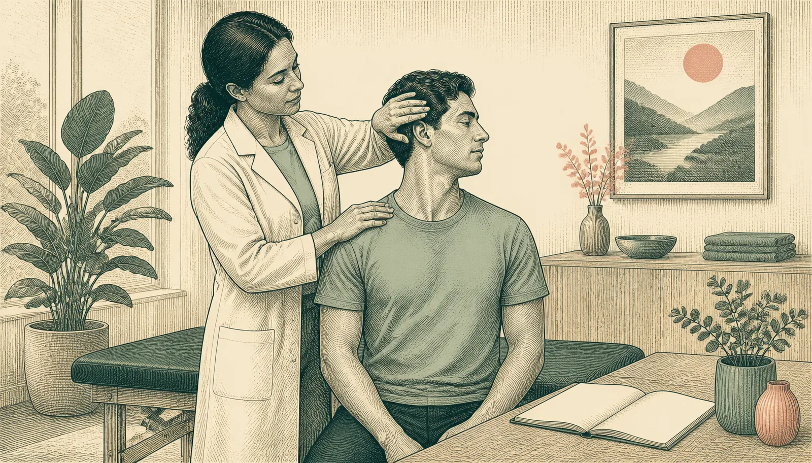 Illustration of a clinician measuring a seated patient's neck rotation during a reassessment visit in a calm clinic room