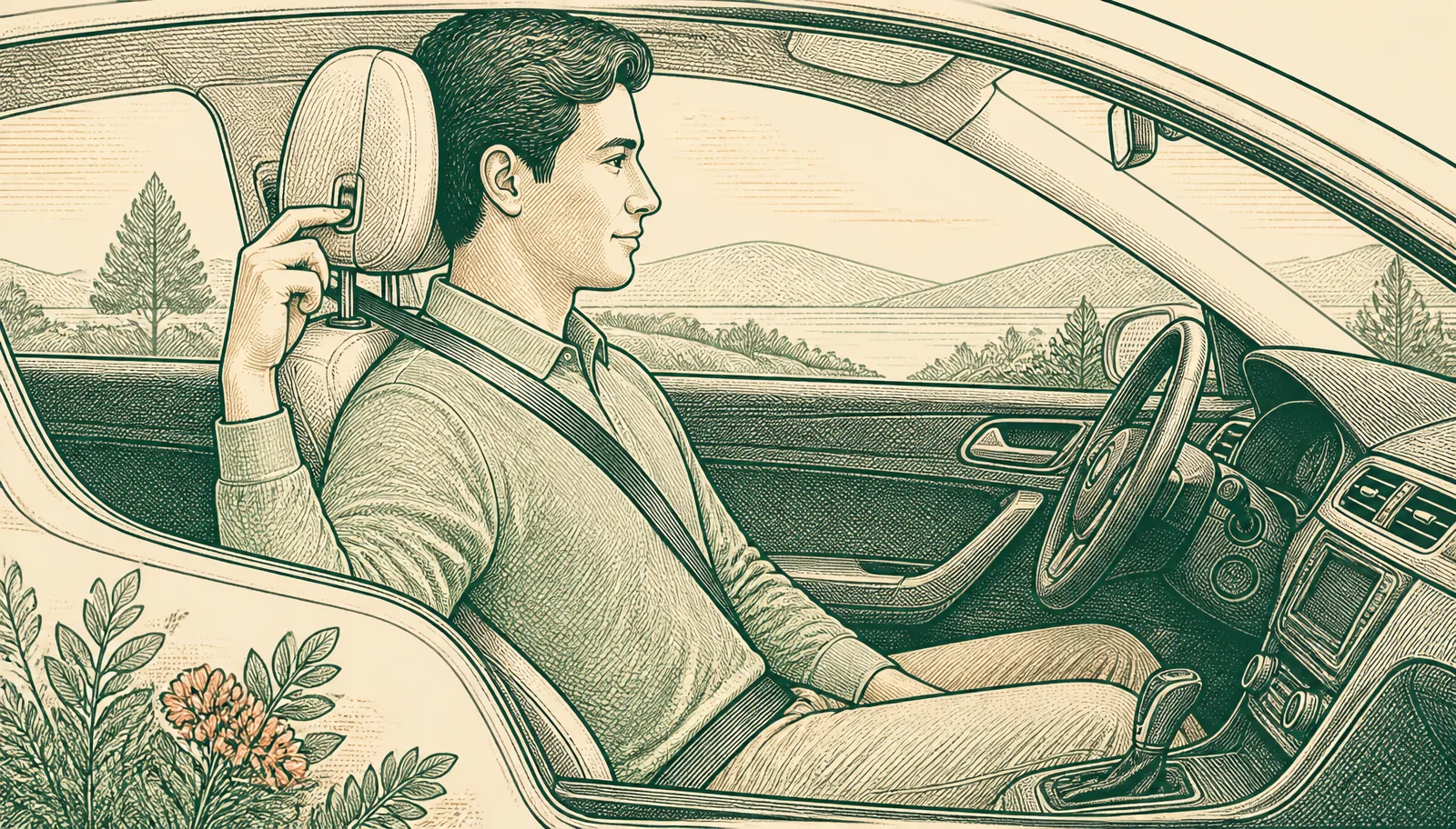 Illustration of a seated adult adjusting a head restraint while the shoulder belt lies across the collarbone and chest